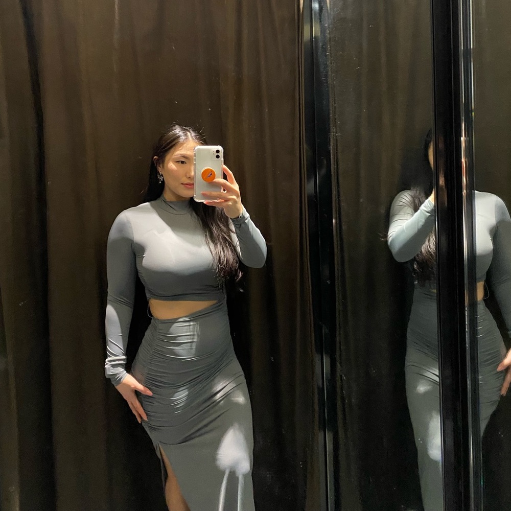 Zara grey cut out long sleeve maxi dress size Med